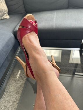 Guess Red Leather Peep-Toe Slingback Heels